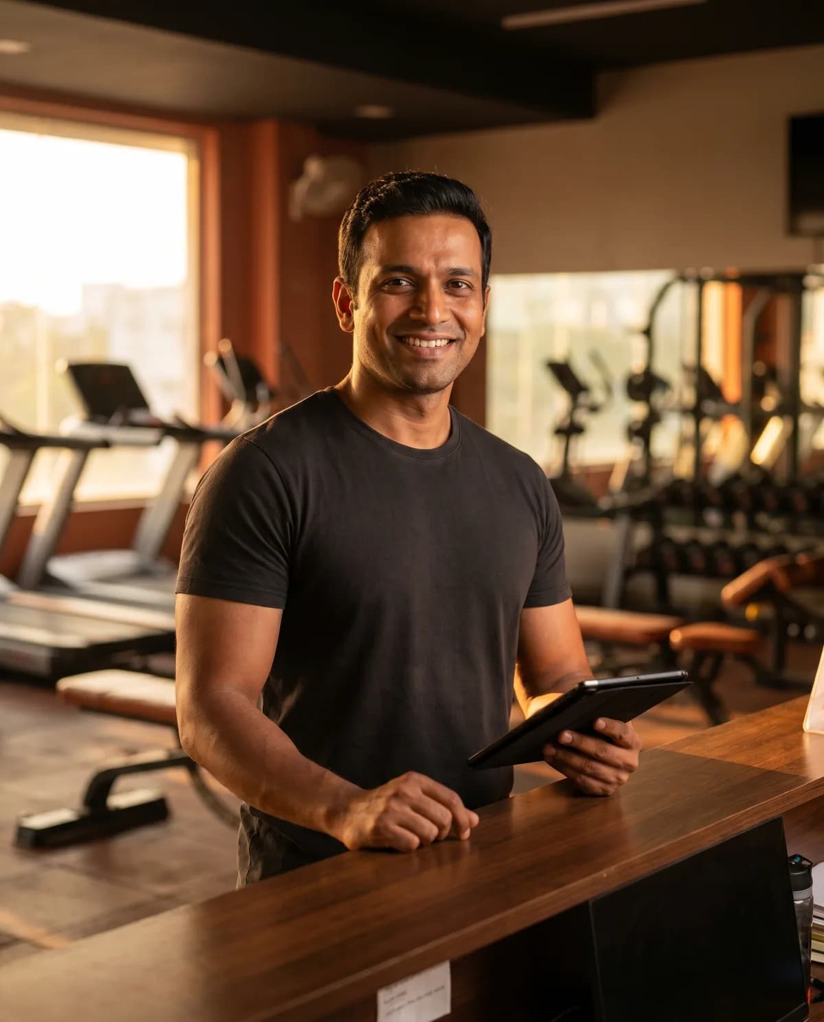 A gym owner at the front desk with a tablet